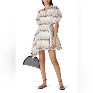N12H Printed Alice Dress Asymmetric Eyelet Zigzag Puff Sleeve‎ Mini size medium